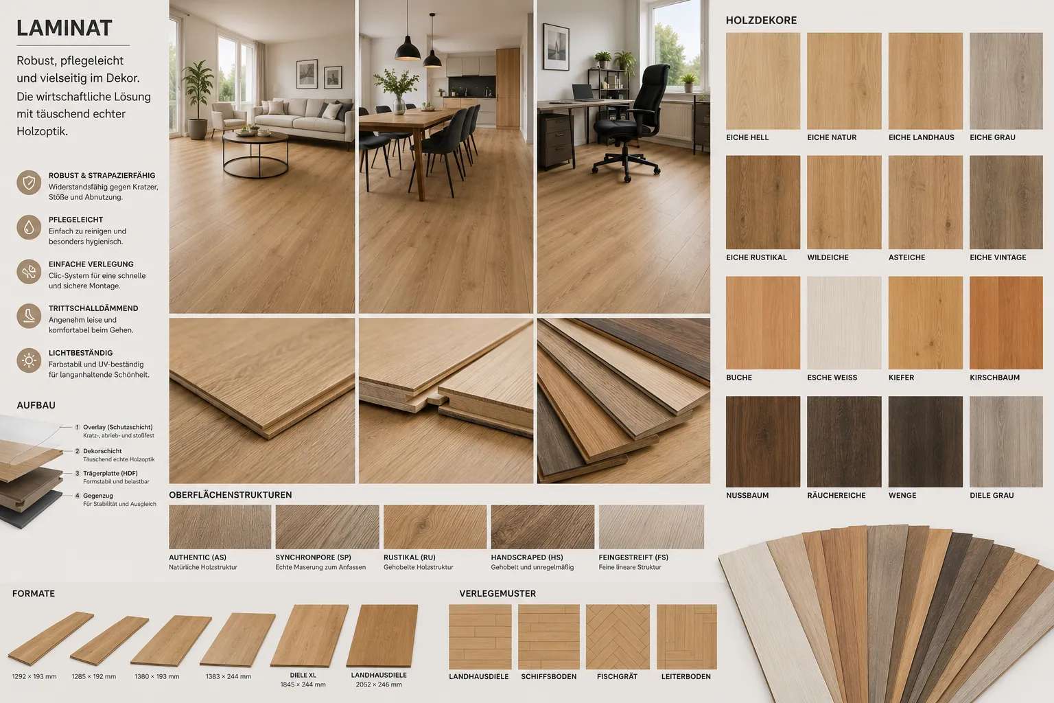 Übersichtstafel Laminat mit Holzdekoren, Oberflächenstrukturen, Aufbau, Formaten und Verlegemustern