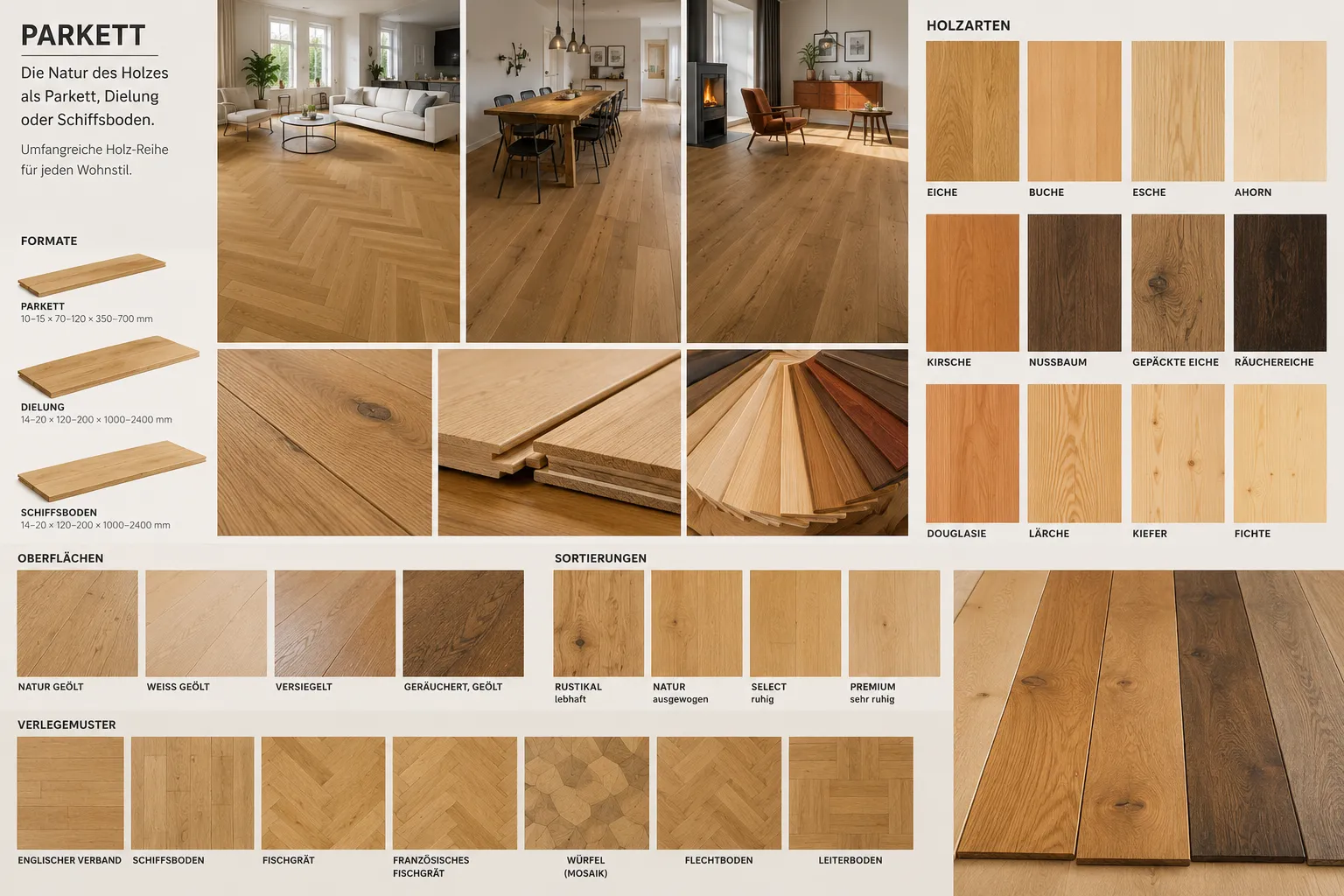 Übersichtstafel Parkett mit Holzarten, Formaten, Oberflächen, Sortierungen und Verlegemustern